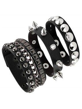 Punk Leather Studded Cuff Bracelet Gothic Chain Spike Wristband Set Unisex
